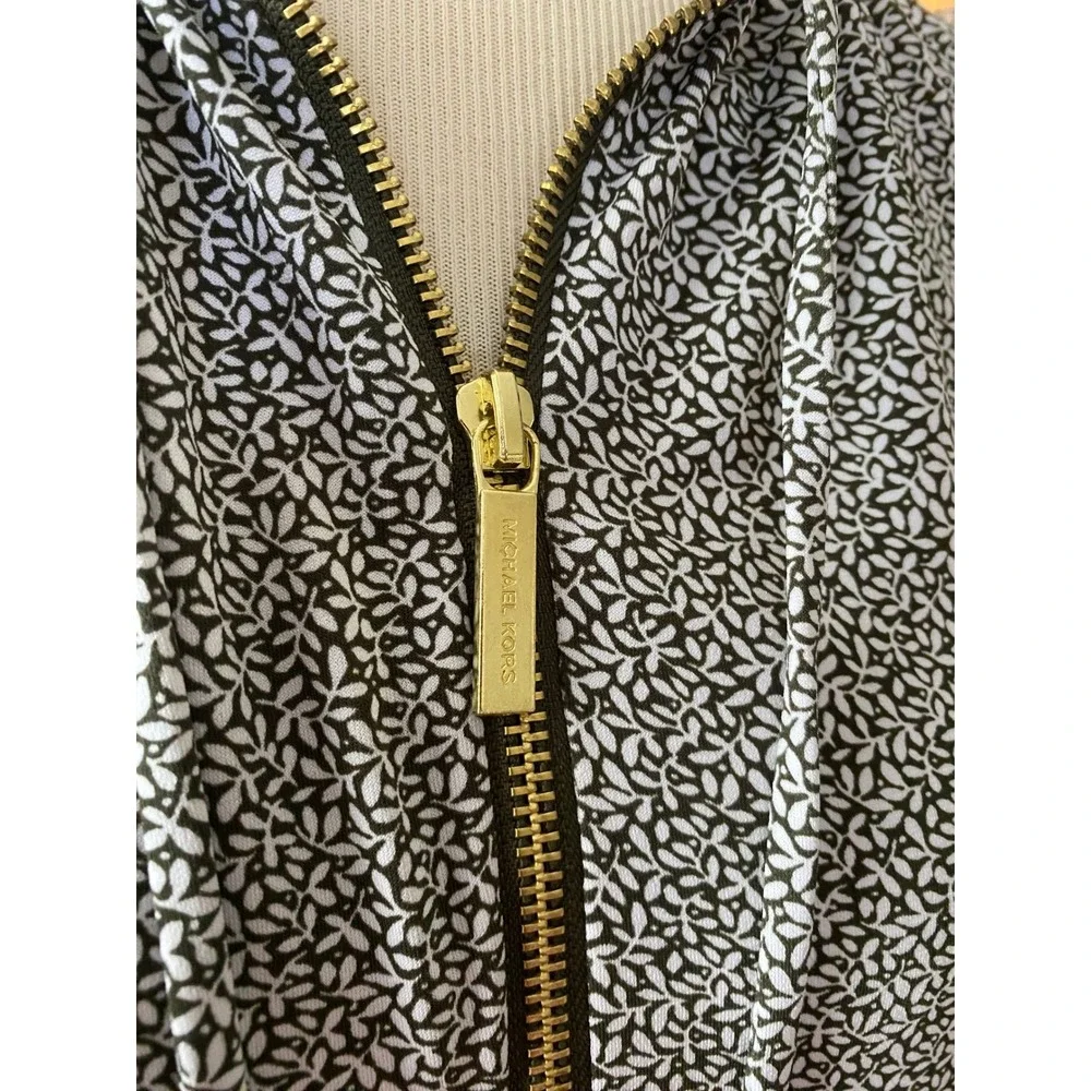 NWT Michael Kors Ivy Leaf Print Half Zip Sleeveless Shift Dress‎ BLACK White